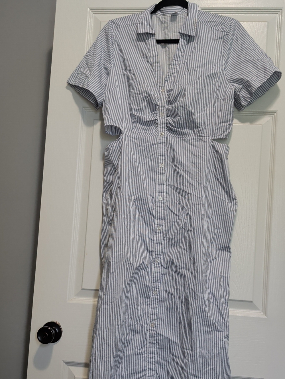 Old Navy Light Blue and White Striped Midi Shirt Dress